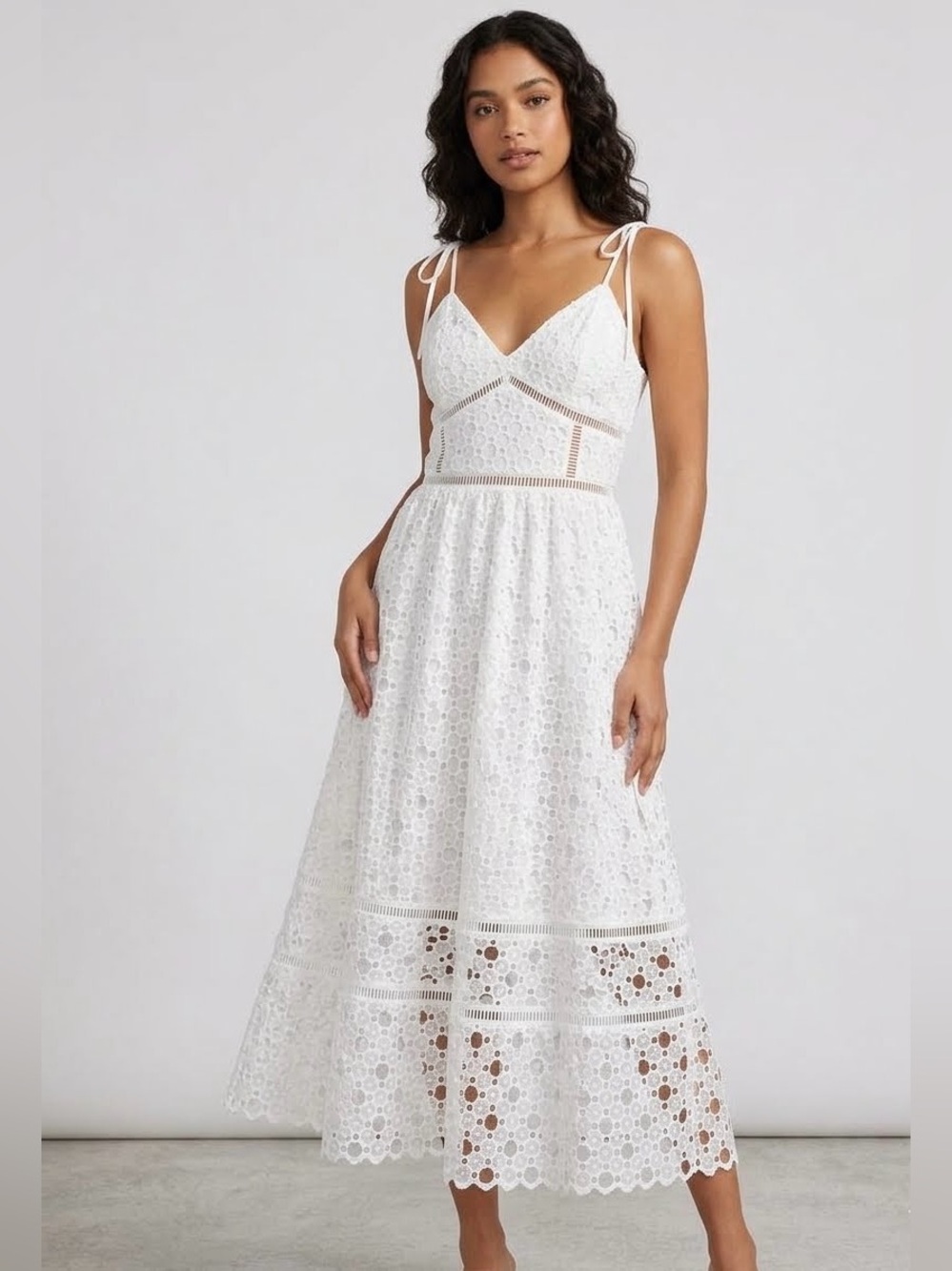 Bardot White Lace Midi Dress with Spaghetti Straps